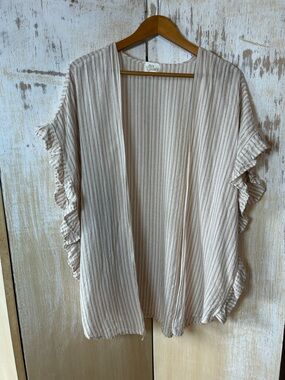 Cream Striped Open Front Ruffle Sleeve Top